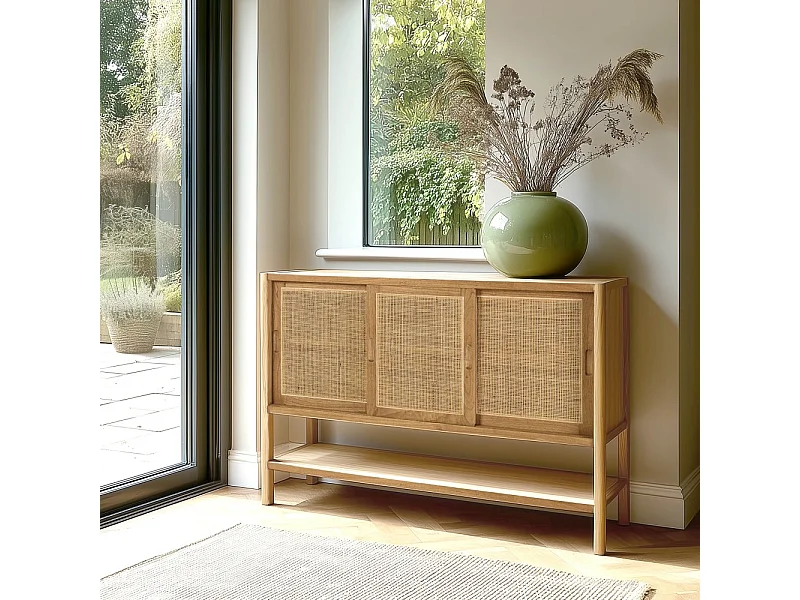 AMY - Buffet 2 étagères 3 portes coulissantes en mindi et rotin naturel AMY