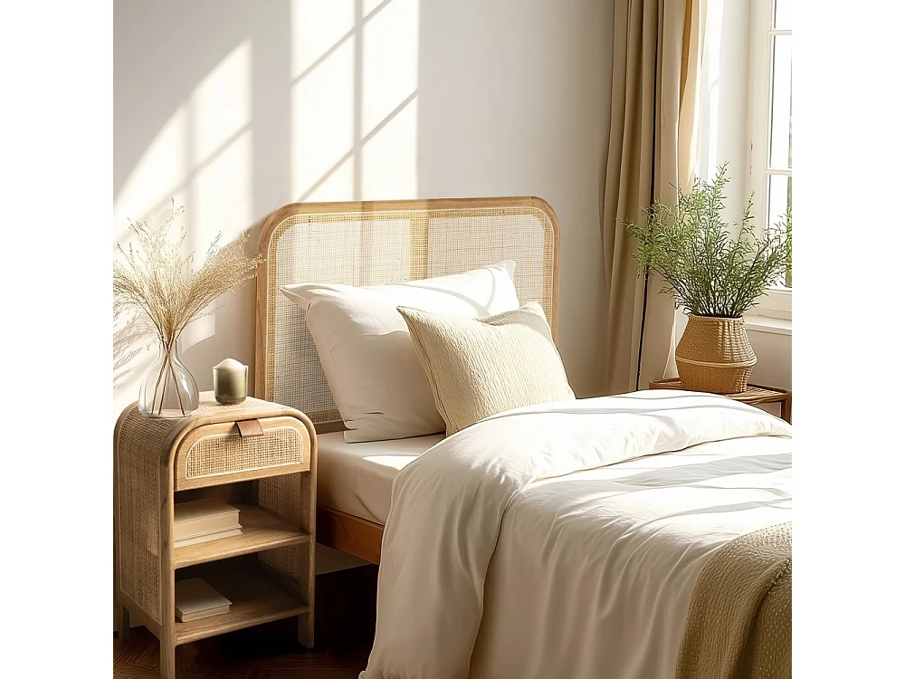 AMY - Tête de lit en bois de mindi et rotin naturel pour lits 80/90cm AMY
