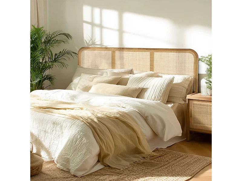 AMY - Tête de lit en bois de mindi et rotin naturel pour lits 140/160cm AMY