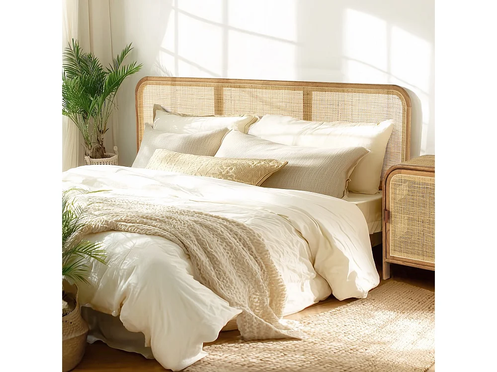 AMY - Tête de lit en bois de mindi et rotin naturel pour lits 160/180cm AMY