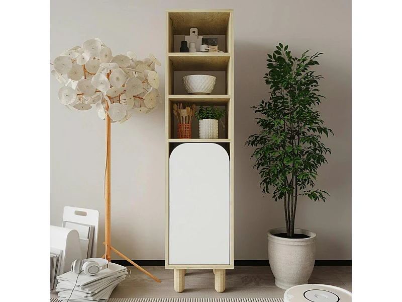 Colonne de rangement effet bois, 1 porte blanche courbe VAREN