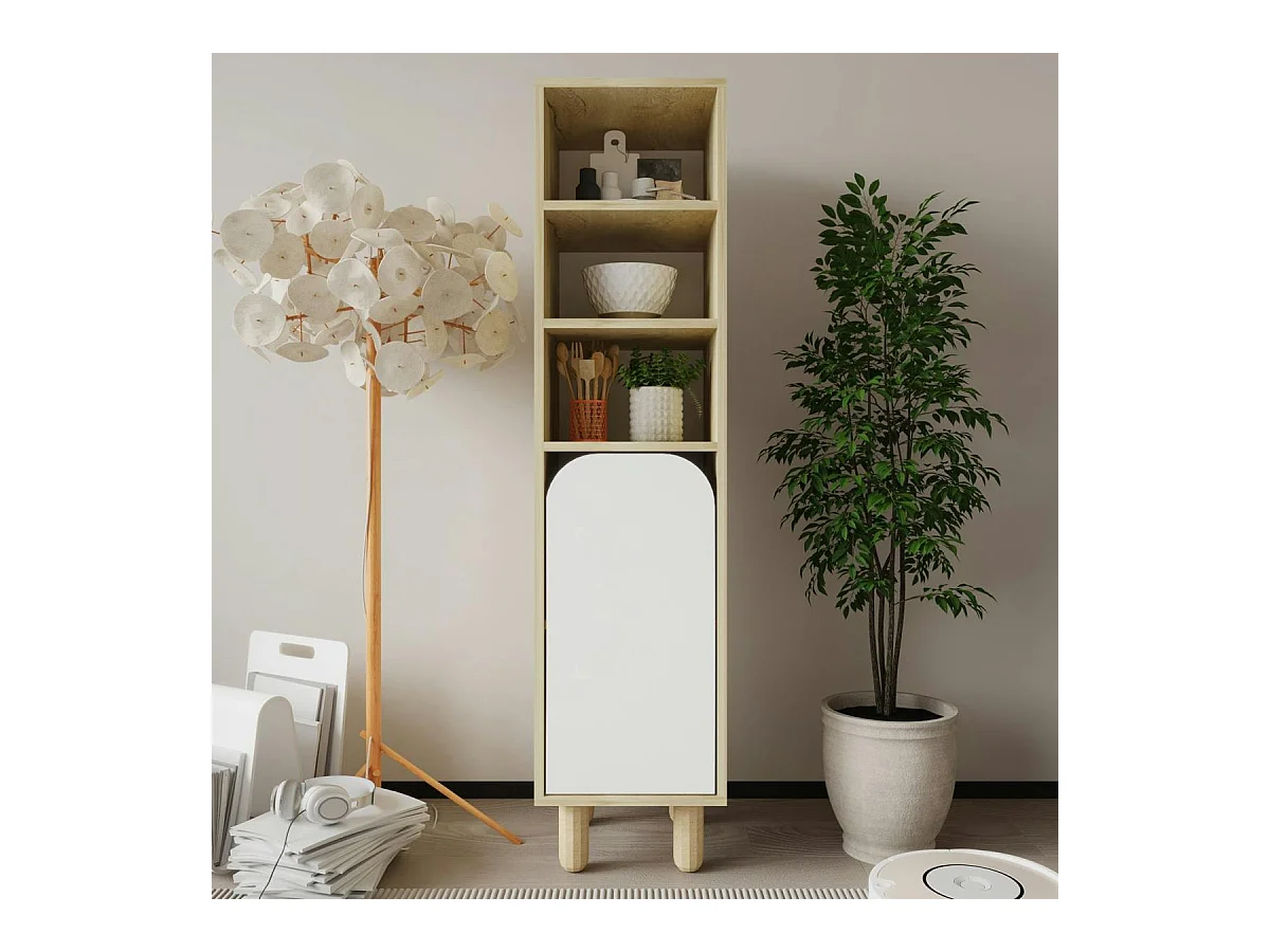 Colonne de rangement effet bois, 1 porte blanche courbe VAREN