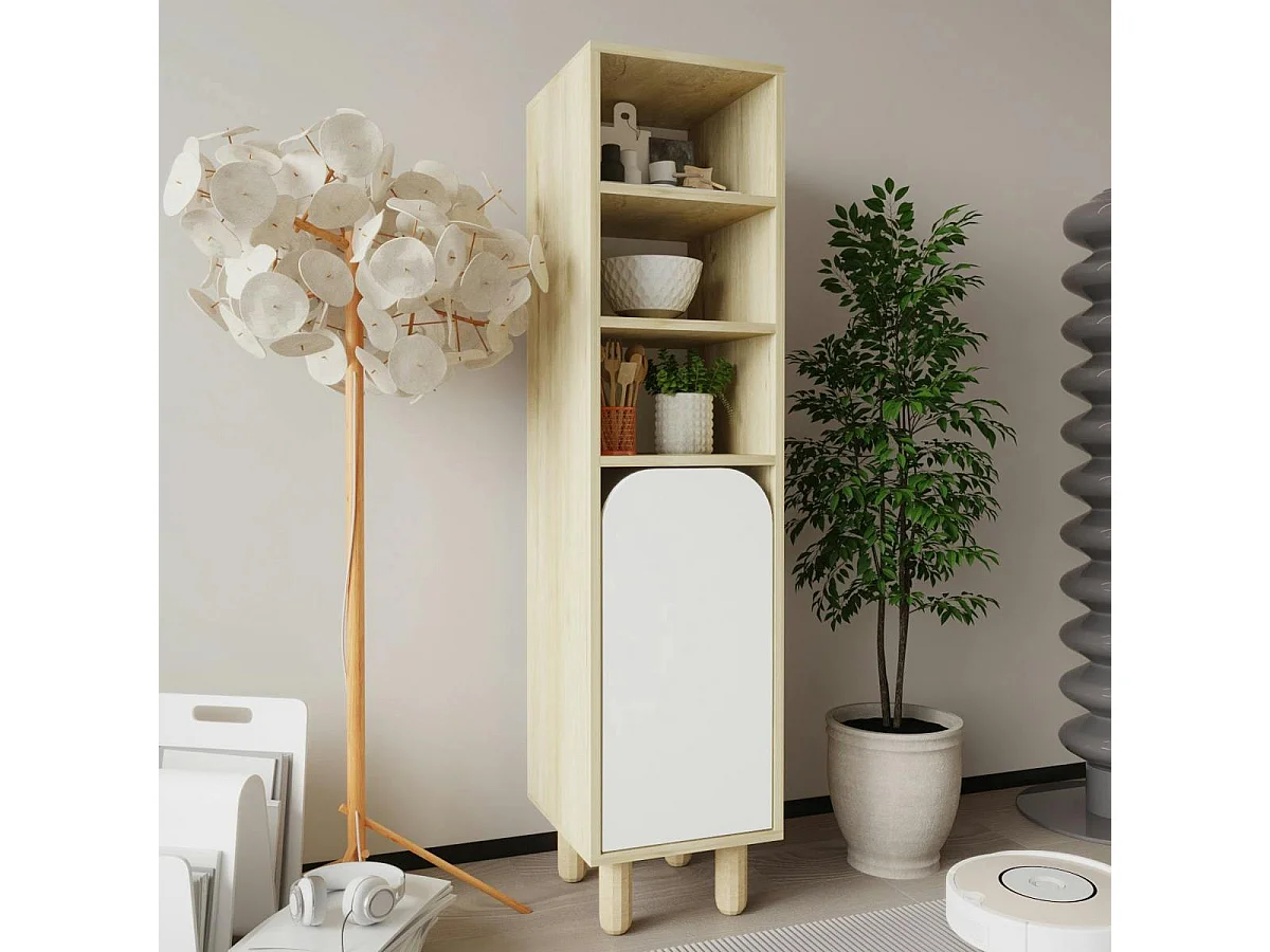 Colonne de rangement effet bois, 1 porte blanche courbe VAREN