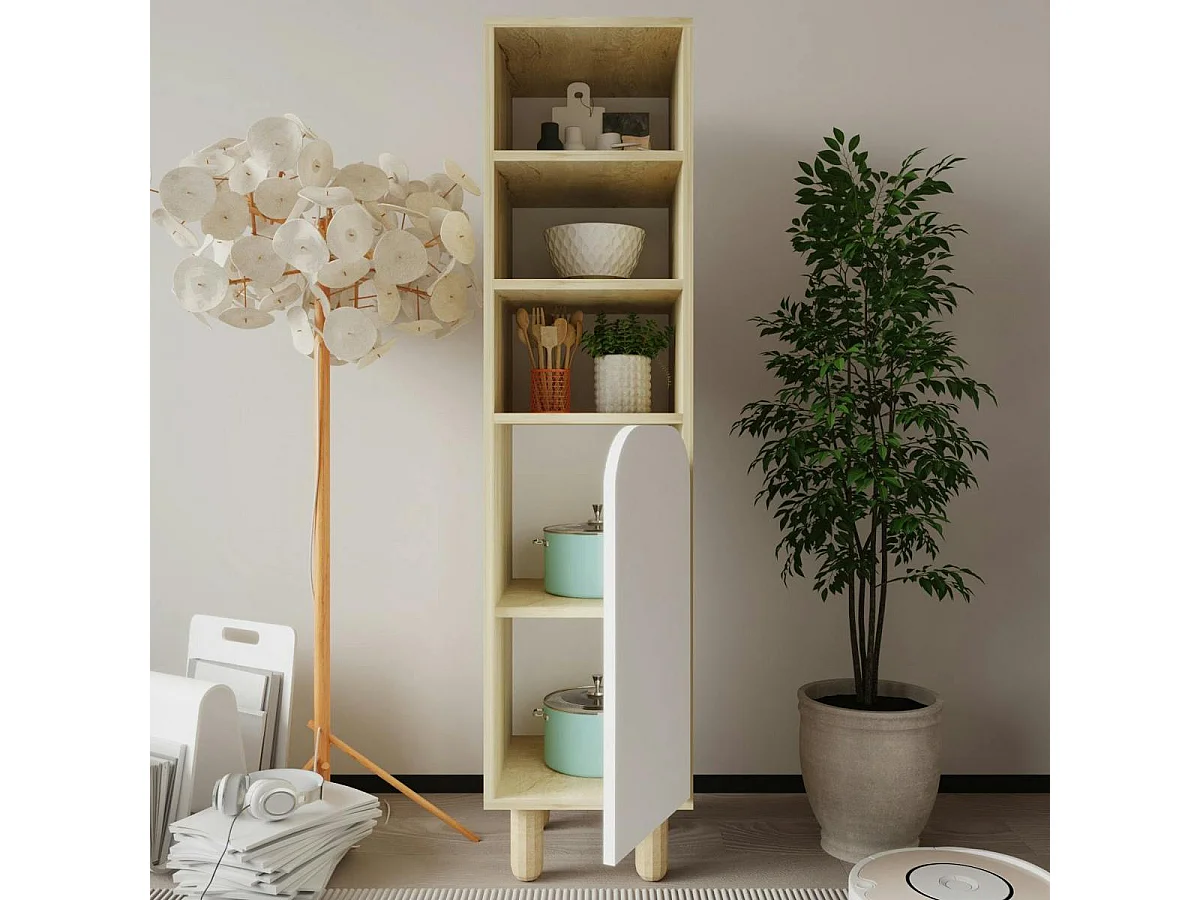 Colonne de rangement effet bois, 1 porte blanche courbe VAREN