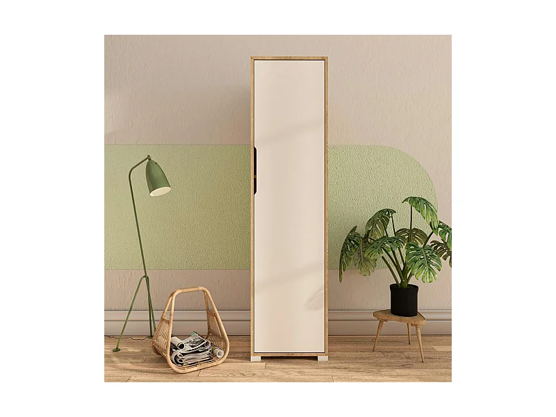 Colonne de rangement effet bois et porte blanche BYRON