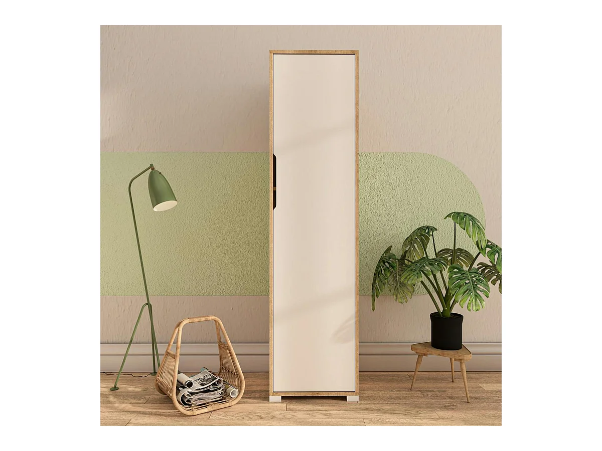 Colonne de rangement effet bois et porte blanche BYRON