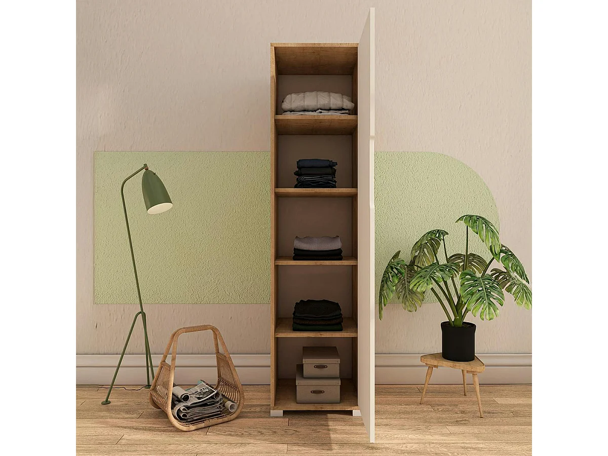 Colonne de rangement effet bois et porte blanche BYRON