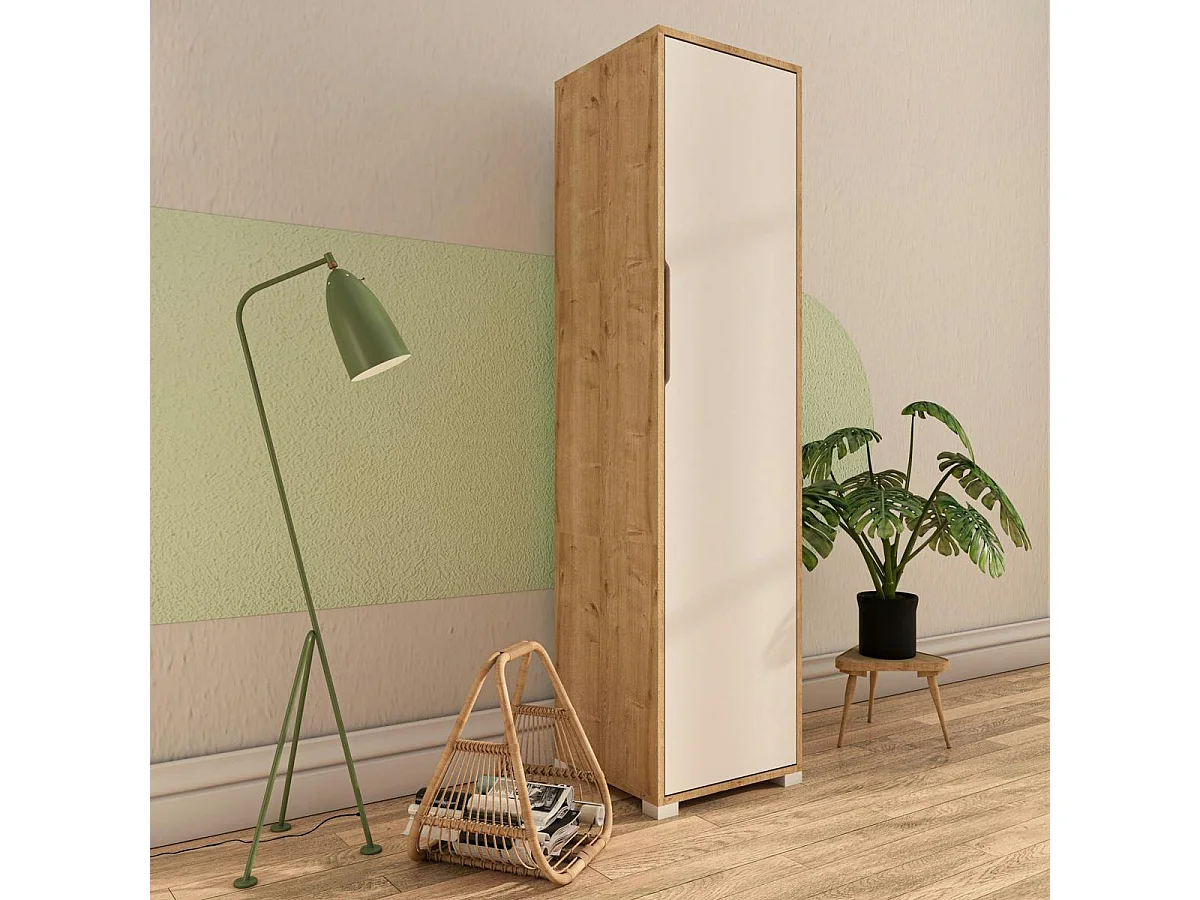 Colonne de rangement effet bois et porte blanche BYRON