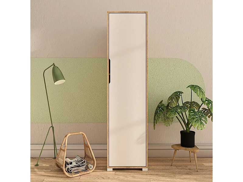 Colonne de rangement effet bois et porte blanche BYRON