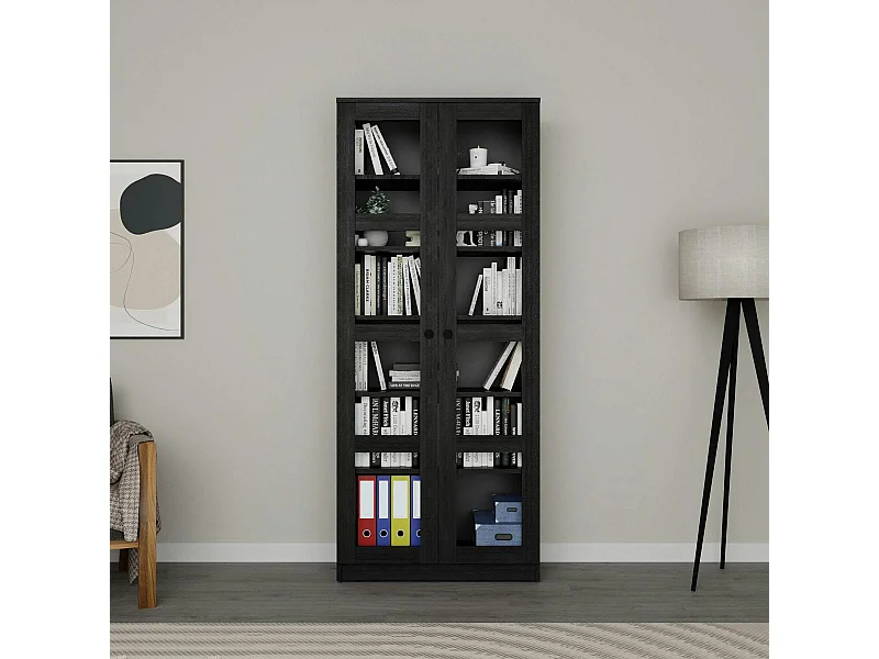 Bibliothèque vitrine noire, 6 étagères réglables SALTA