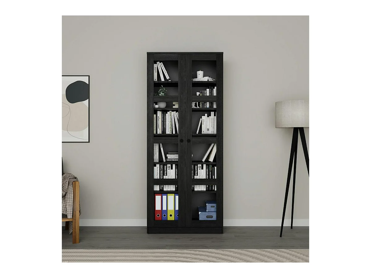 Bibliothèque vitrine noire, 6 étagères réglables SALTA