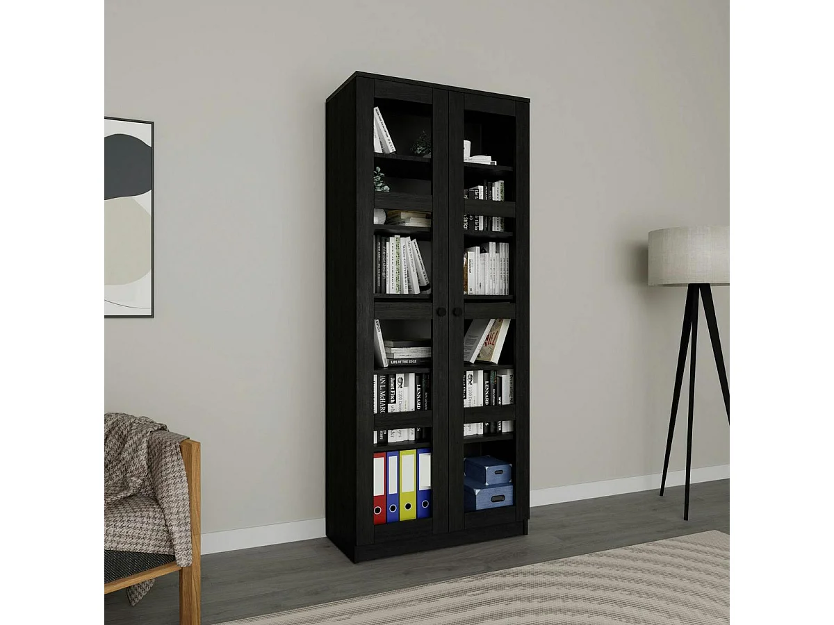 Bibliothèque vitrine noire, 6 étagères réglables SALTA