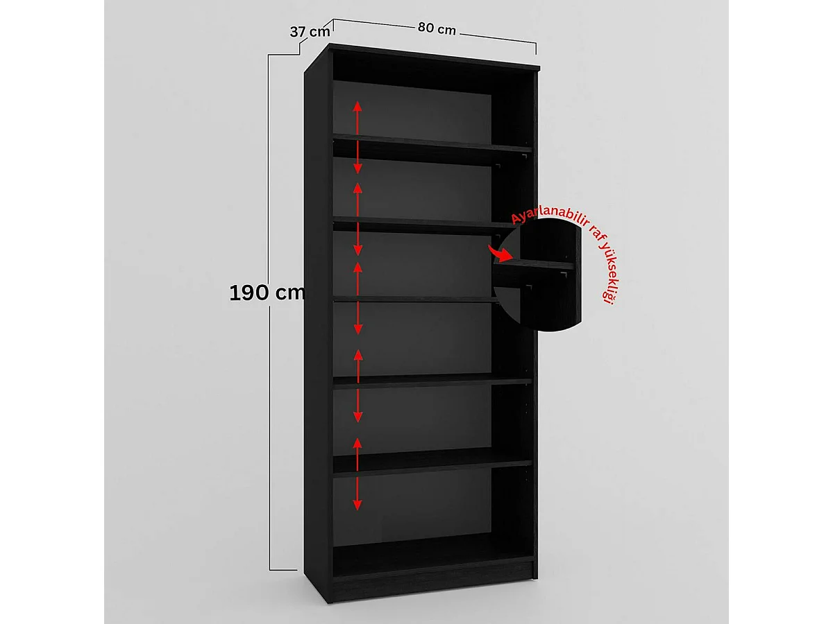 Bibliothèque vitrine noire, 6 étagères réglables SALTA