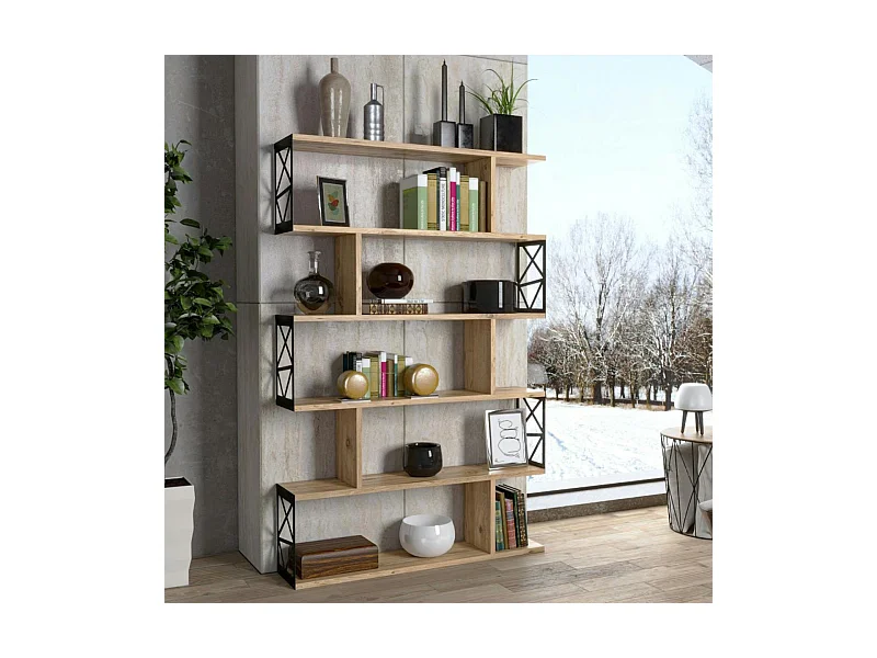 Bibliothèque déstructurée effet pin, cadres métal noir JENA