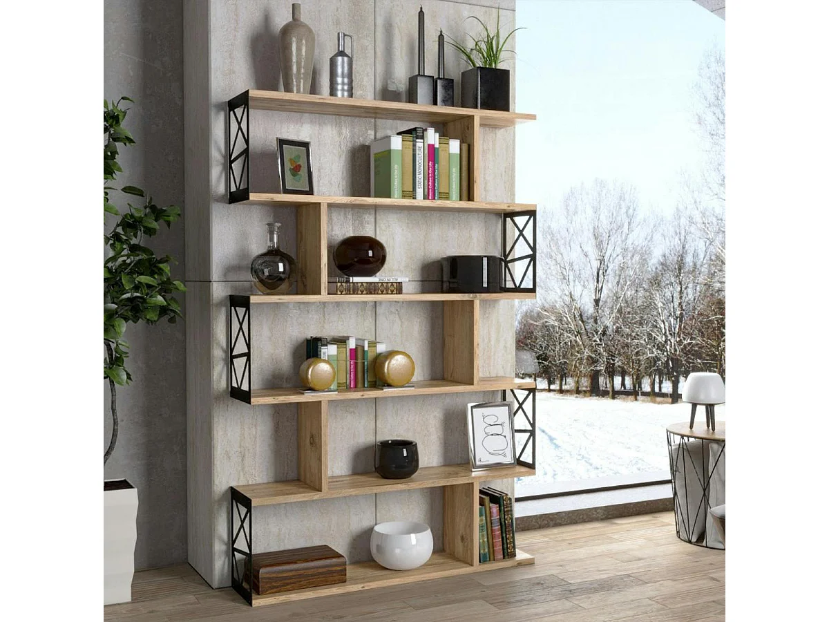 Bibliothèque déstructurée effet pin, cadres métal noir JENA