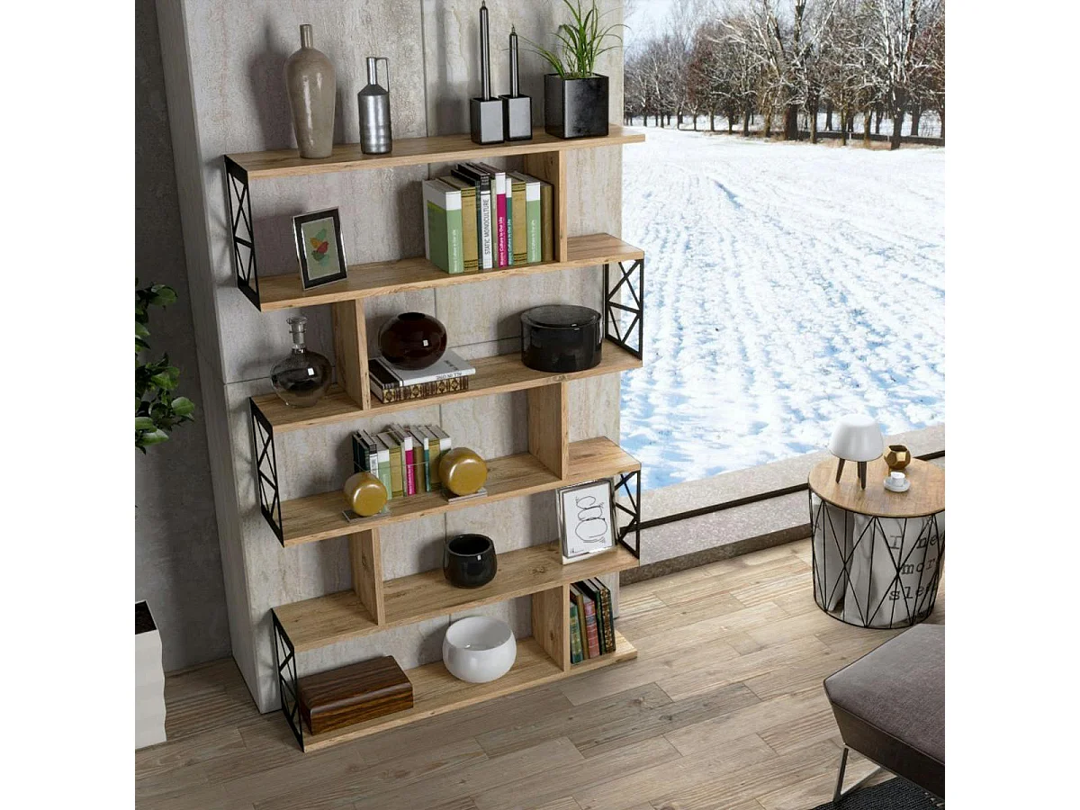 Bibliothèque déstructurée effet pin, cadres métal noir JENA