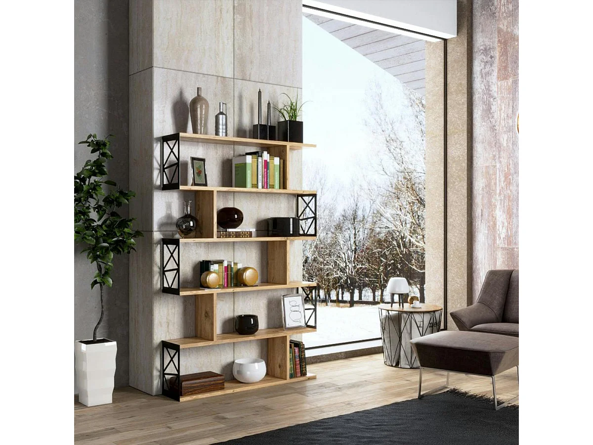 Bibliothèque déstructurée effet pin, cadres métal noir JENA