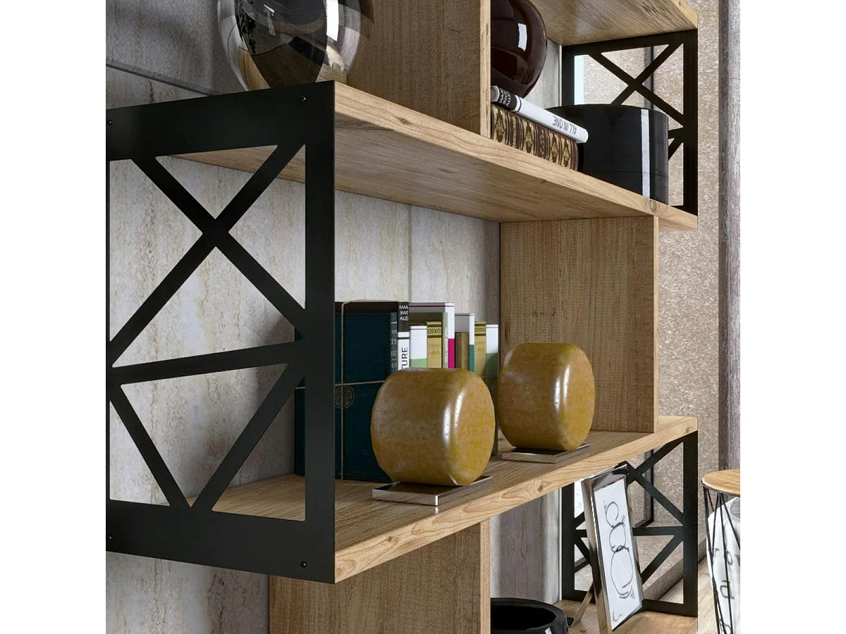 Bibliothèque déstructurée effet pin, cadres métal noir JENA