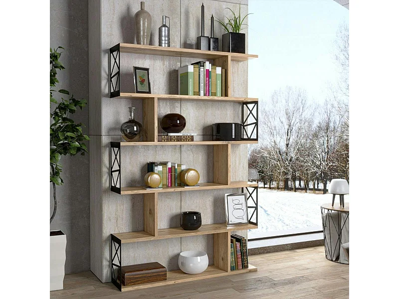 Bibliothèque déstructurée effet pin, cadres métal noir JENA