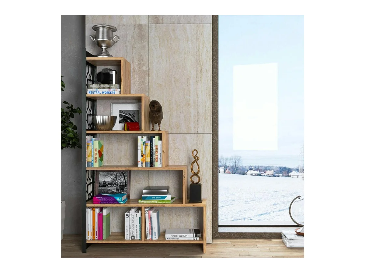 Bibliothèque escalier effet pin, côté métal ajouré JENA