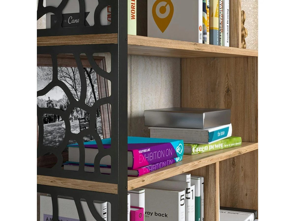 Bibliothèque escalier effet pin, côté métal ajouré JENA