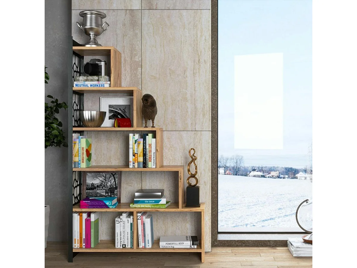 Bibliothèque escalier effet pin, côté métal ajouré JENA