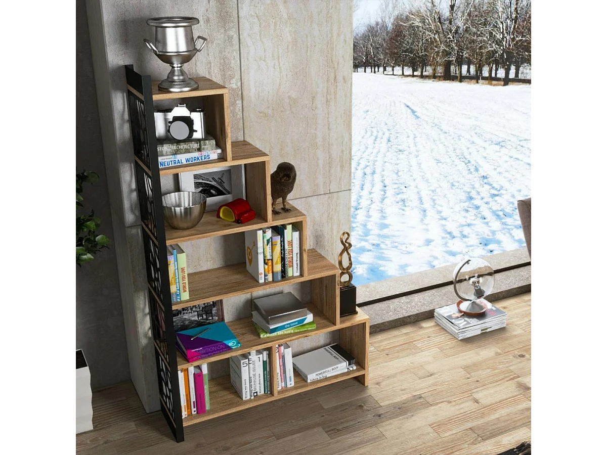 Bibliothèque escalier effet pin, côté métal ajouré JENA