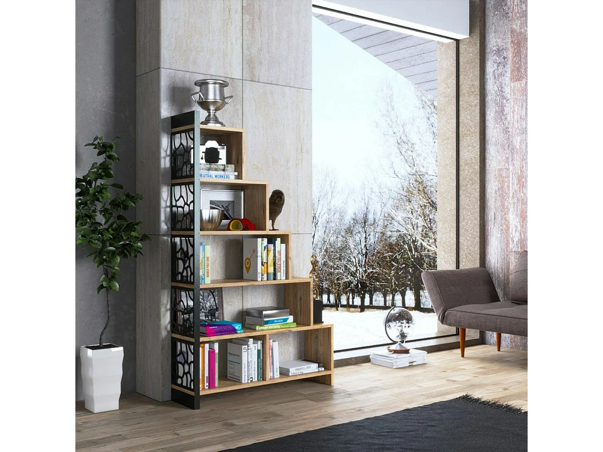 Bibliothèque escalier effet pin, côté métal ajouré JENA