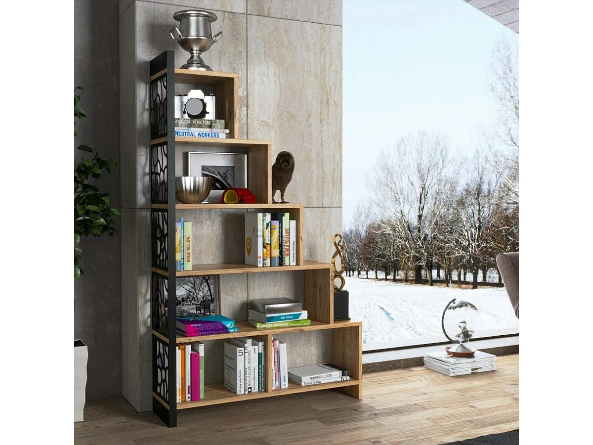 Bibliothèque escalier effet pin, côté métal ajouré JENA