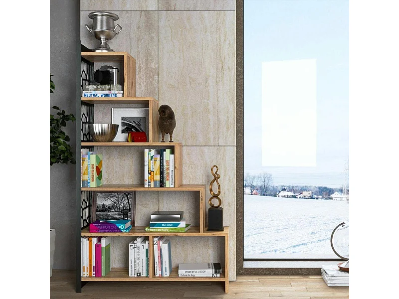 Bibliothèque escalier effet pin, côté métal ajouré JENA