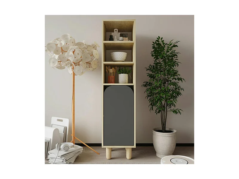 Colonne de rangement effet bois, 1 porte grise courbe VAREN