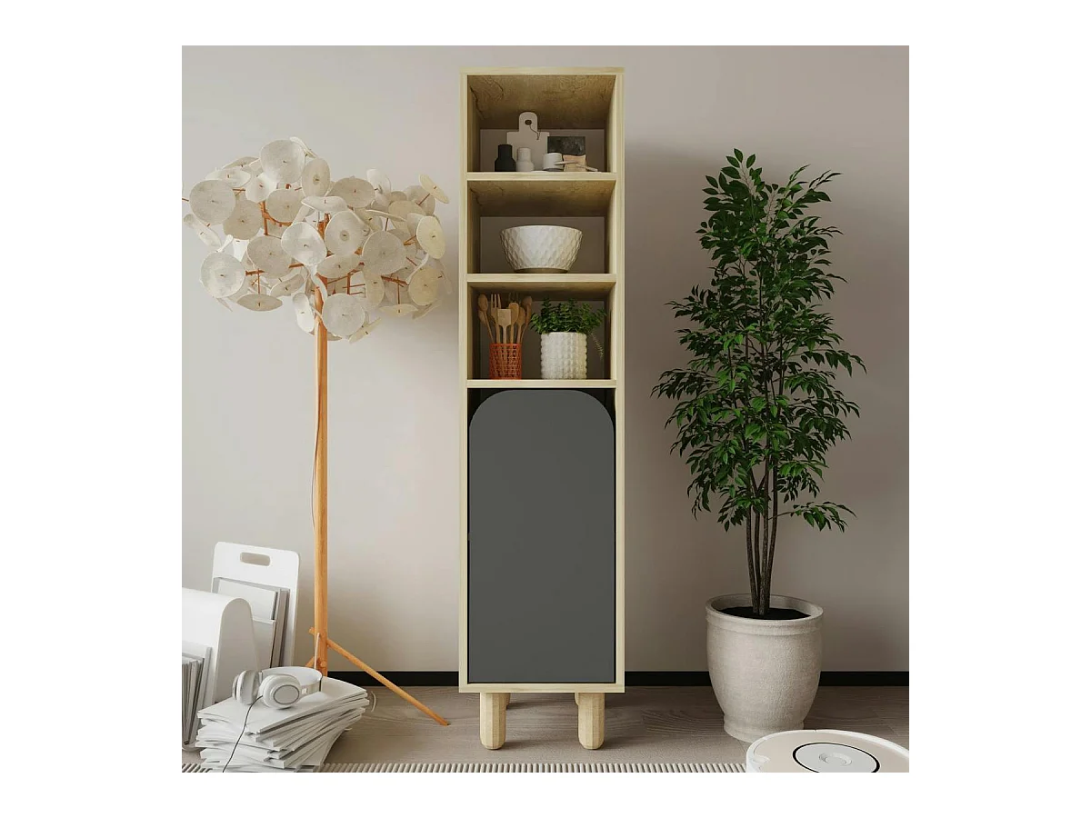 Colonne de rangement effet bois, 1 porte grise courbe VAREN