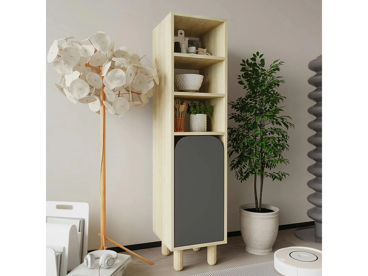 Colonne de rangement effet bois, 1 porte grise courbe VAREN