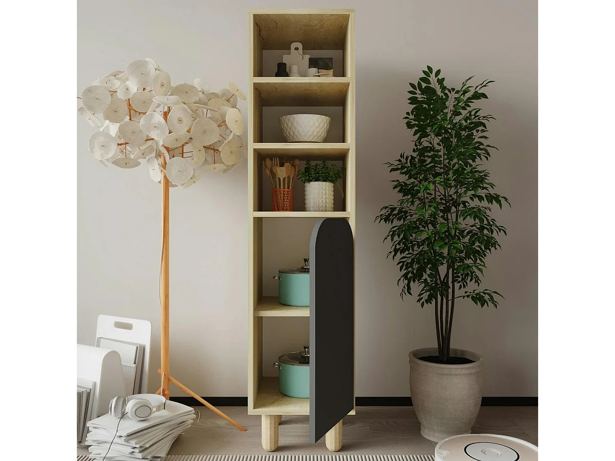 Colonne de rangement effet bois, 1 porte grise courbe VAREN