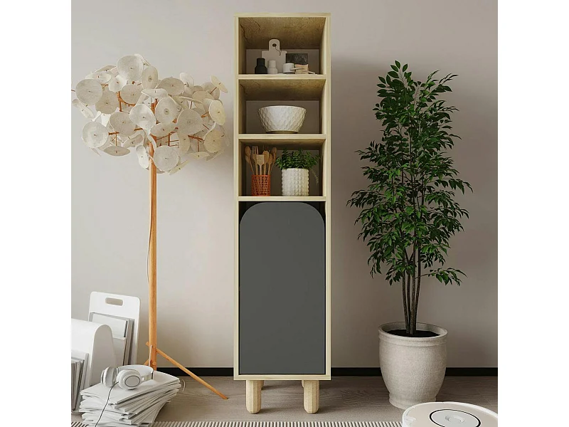 Colonne de rangement effet bois, 1 porte grise courbe VAREN