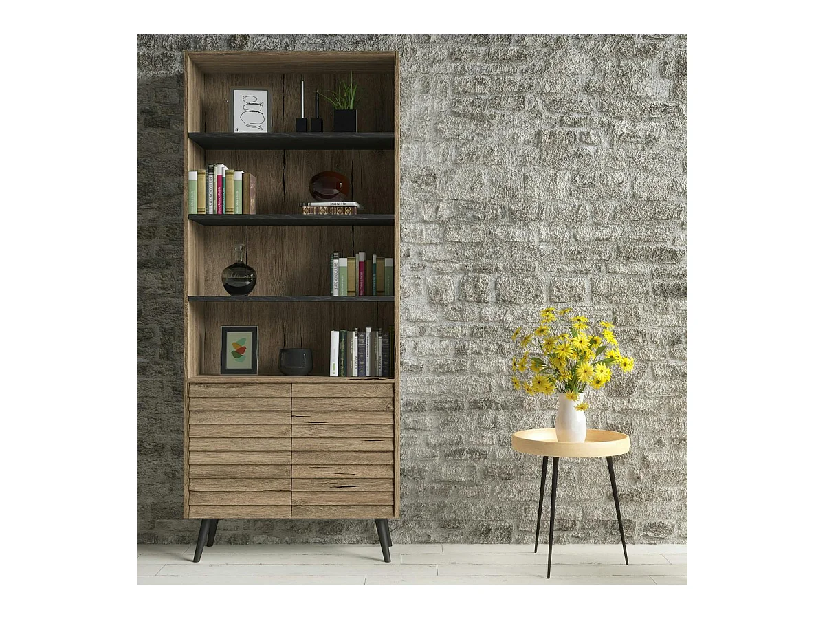 Bibliothèque salon effet noyer, 2 portes sculptées MARFA