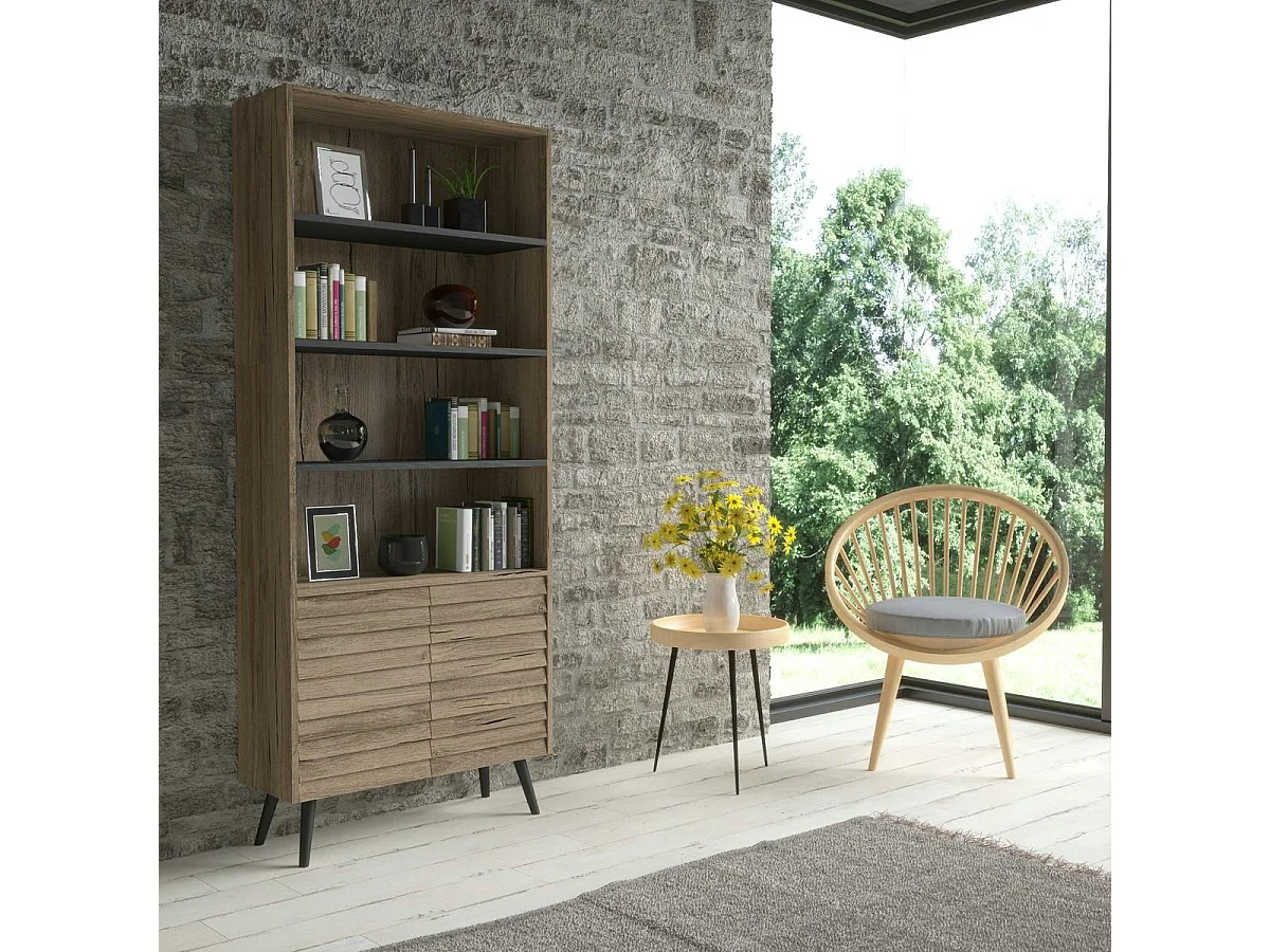 Bibliothèque salon effet noyer, 2 portes sculptées MARFA