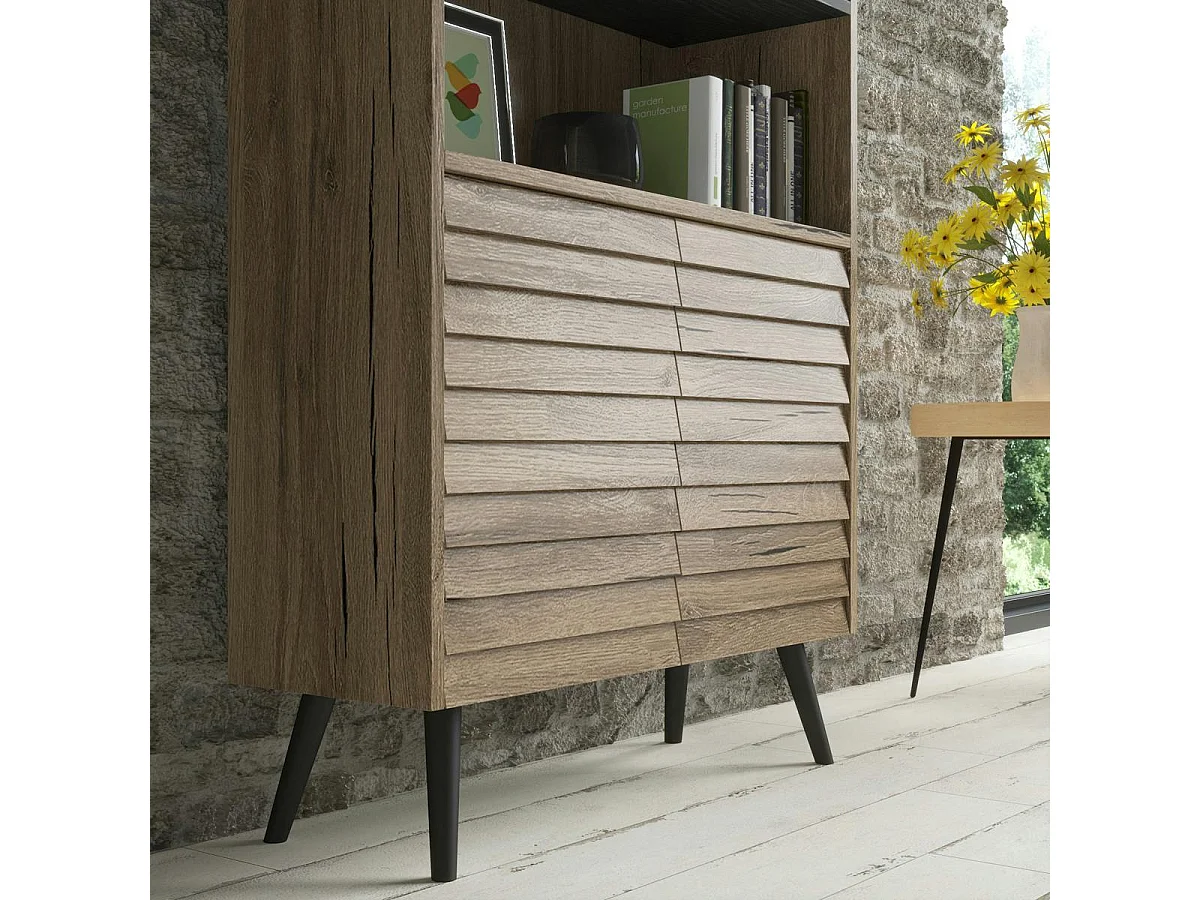 Bibliothèque salon effet noyer, 2 portes sculptées MARFA