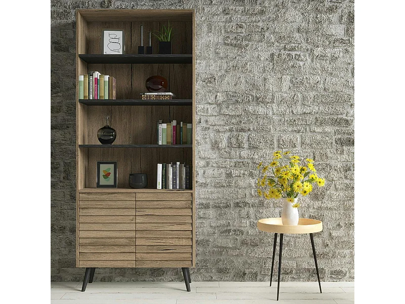 Bibliothèque salon effet noyer, 2 portes sculptées MARFA