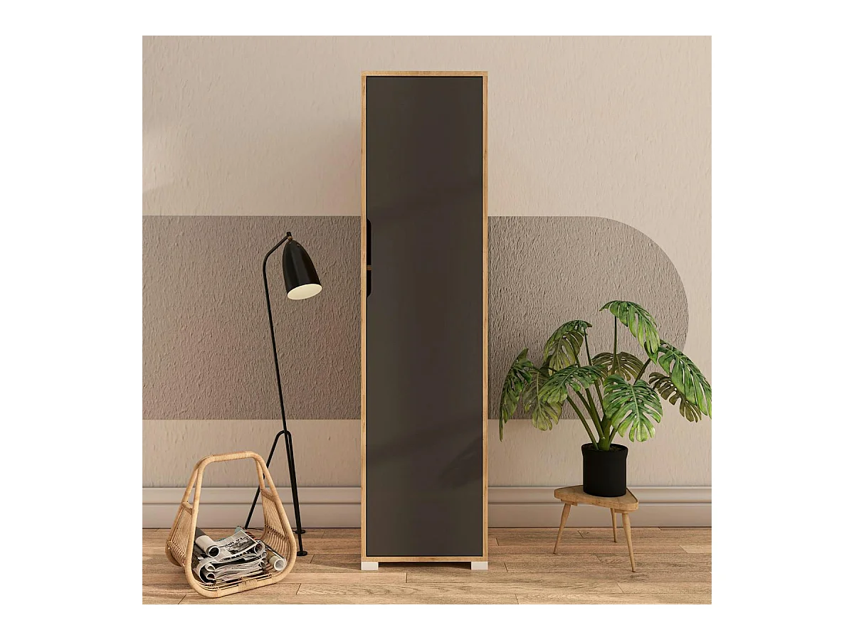 Colonne de rangement effet bois et porte grise BYRON