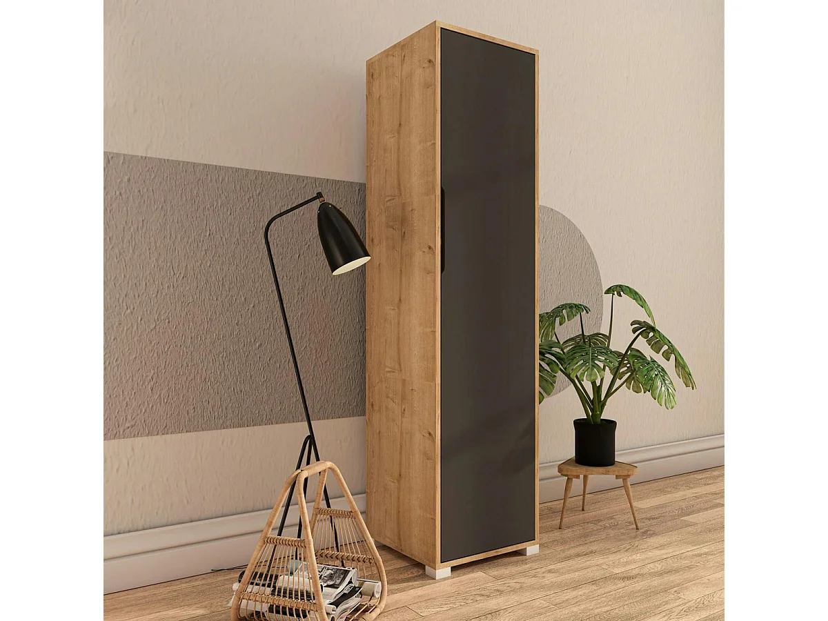 Colonne de rangement effet bois et porte grise BYRON
