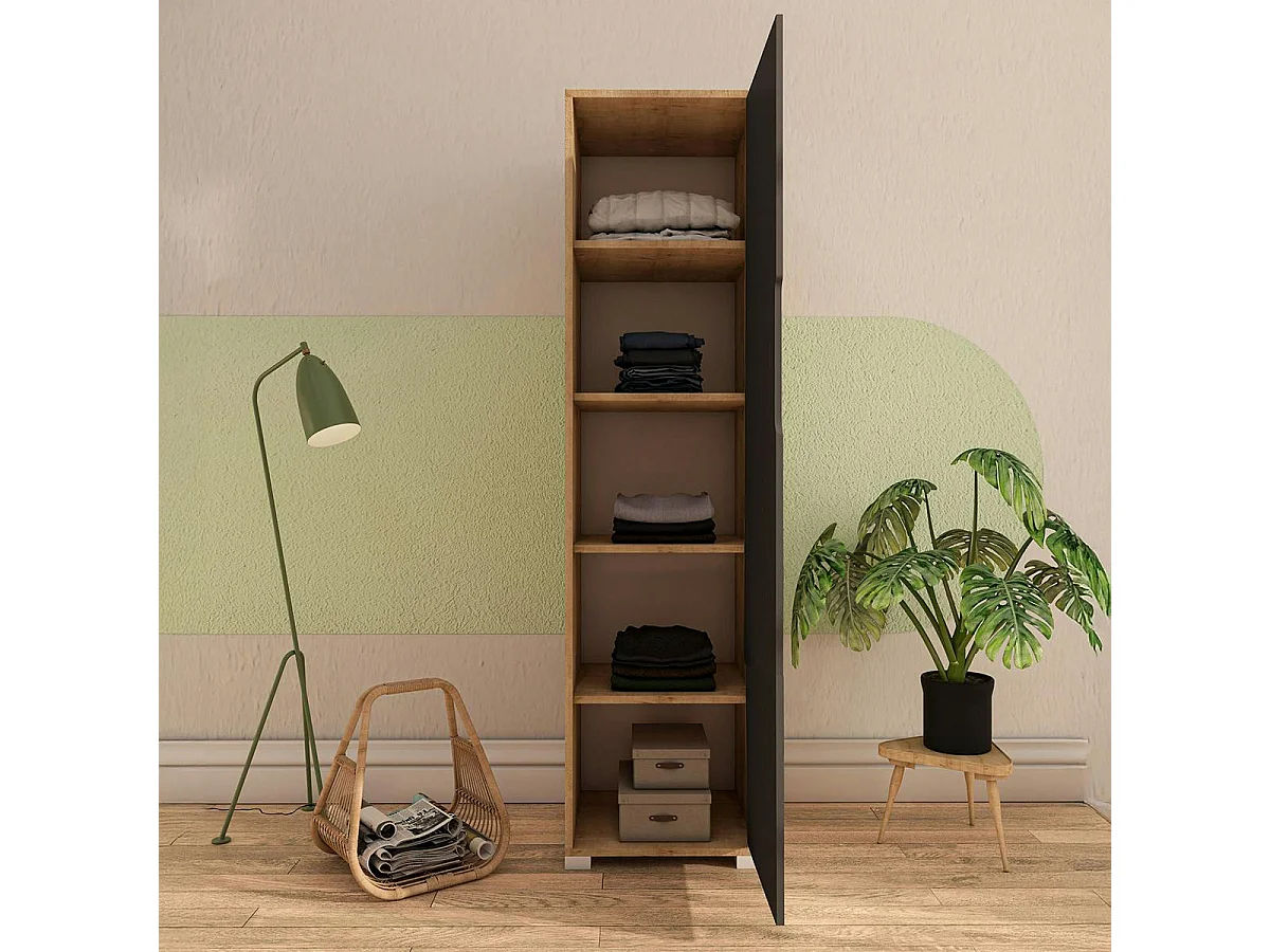 Colonne de rangement effet bois et porte grise BYRON