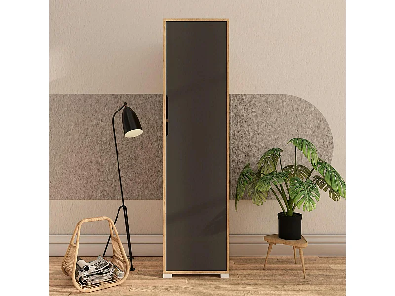 Colonne de rangement effet bois et porte grise BYRON