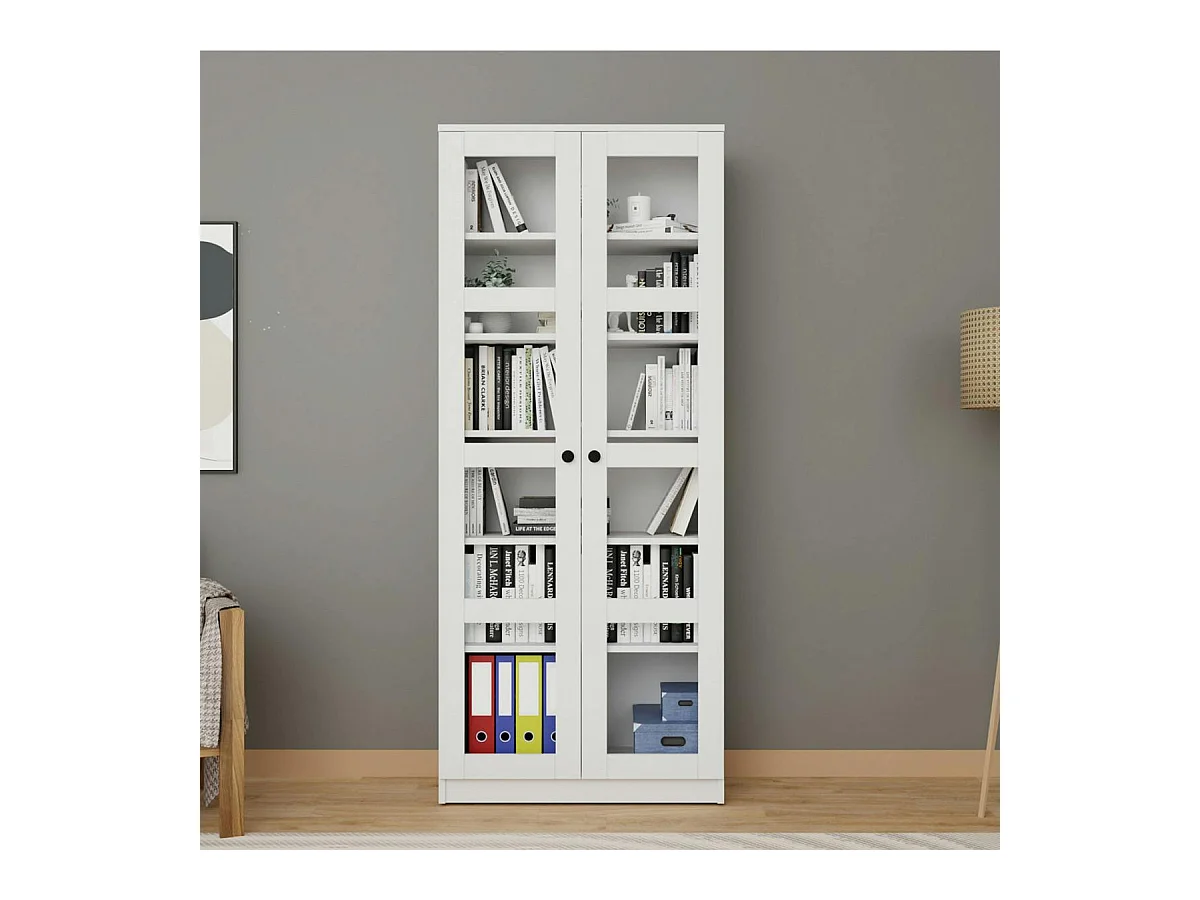 Bibliothèque vitrine blanche, 6 étagères réglables SALTA