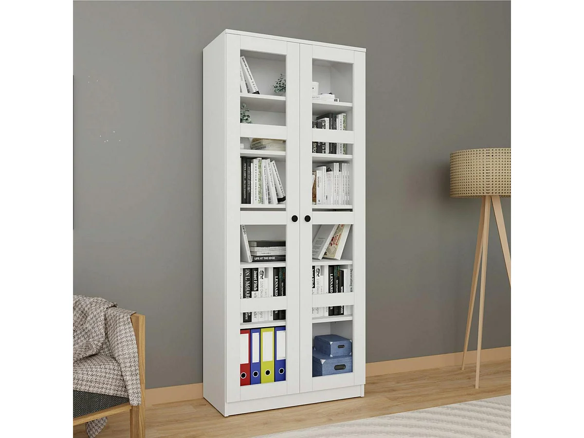 Bibliothèque vitrine blanche, 6 étagères réglables SALTA