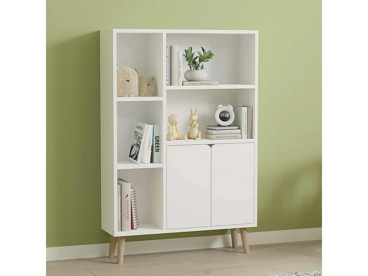Bibliothèque blanche moderne 2 portes 5 étagères MARFA