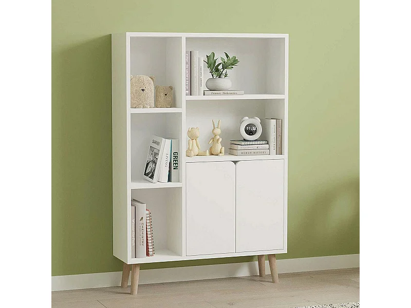 Bibliothèque blanche moderne 2 portes 5 étagères MARFA