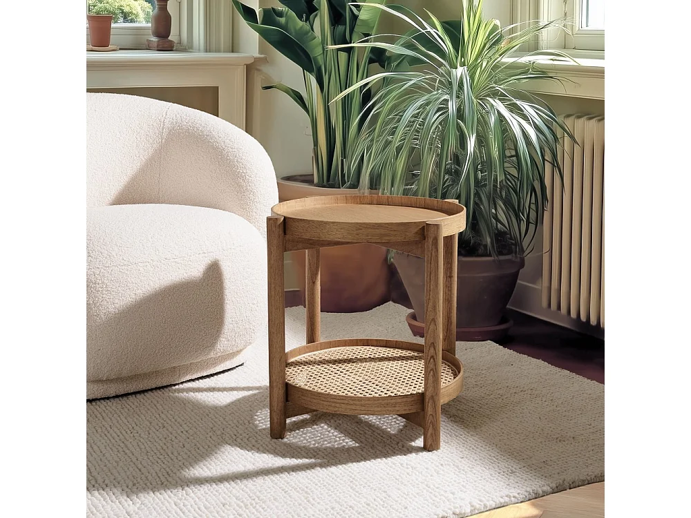 AMY - Table d'appoint en mindi 45.5cm avec tablette en rotin naturel AMY