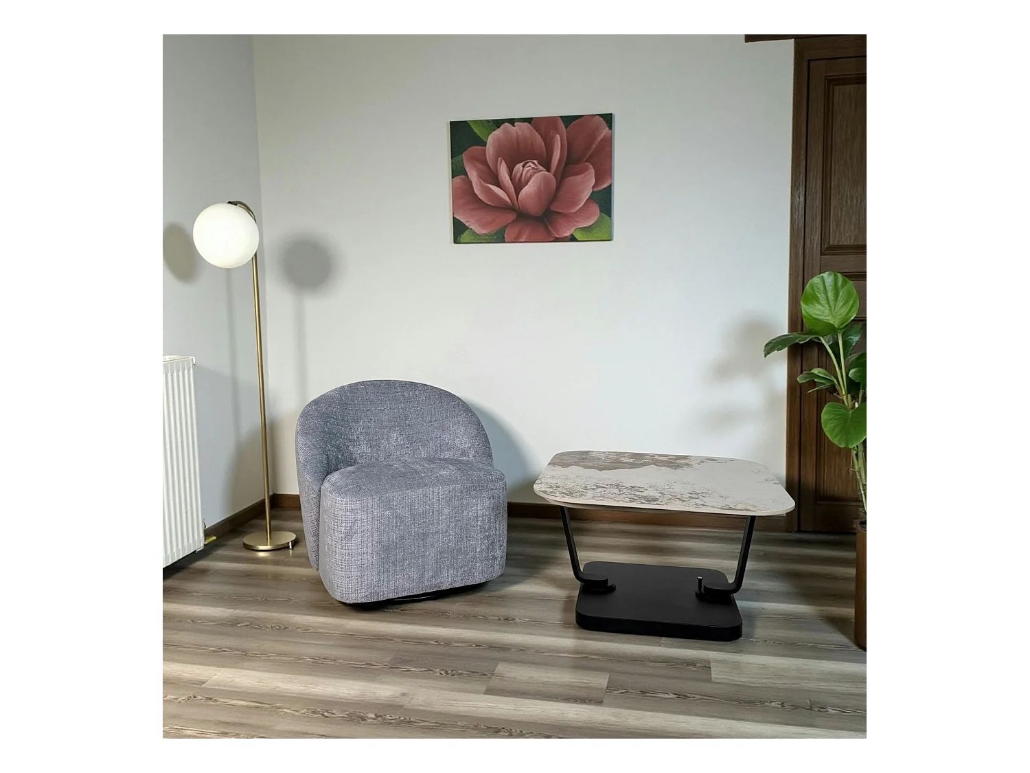 Fauteuil pivotant gris bleu dossier rond tissu texturé IENA