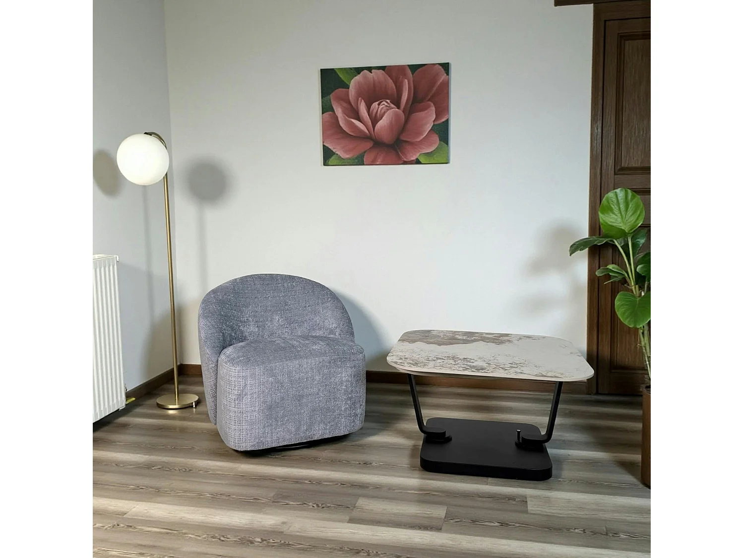 Fauteuil pivotant gris bleu dossier rond tissu texturé IENA